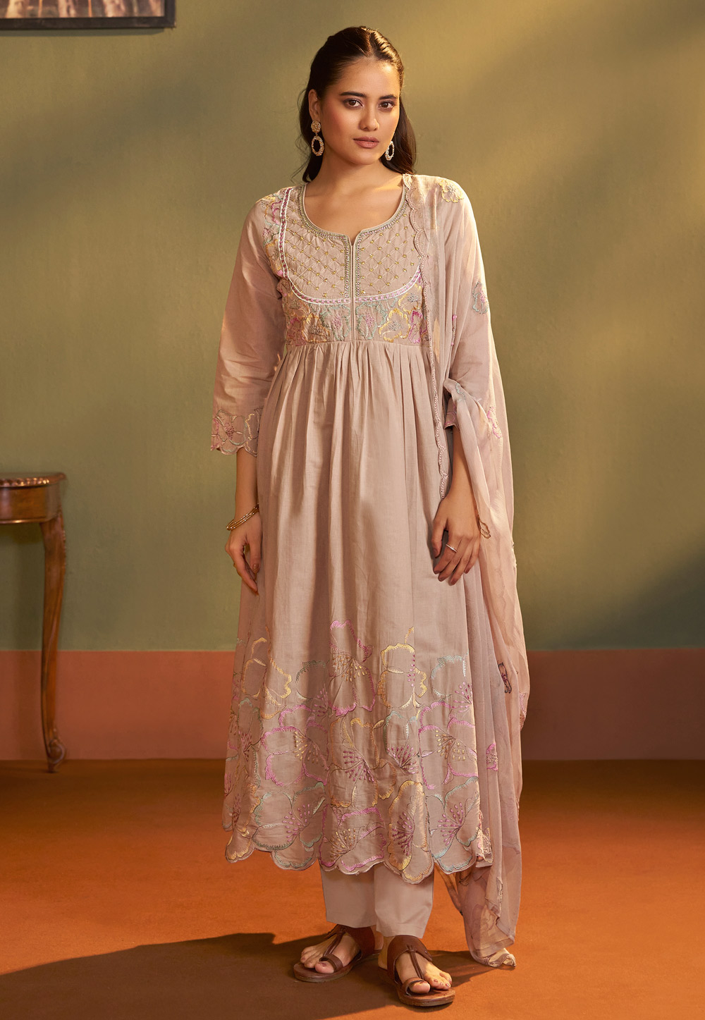 Beige Cotton Readymade Anarkali Suit 321860