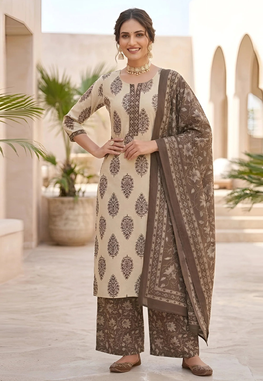 Beige Cotton Readymade Palazzo Suit 326796