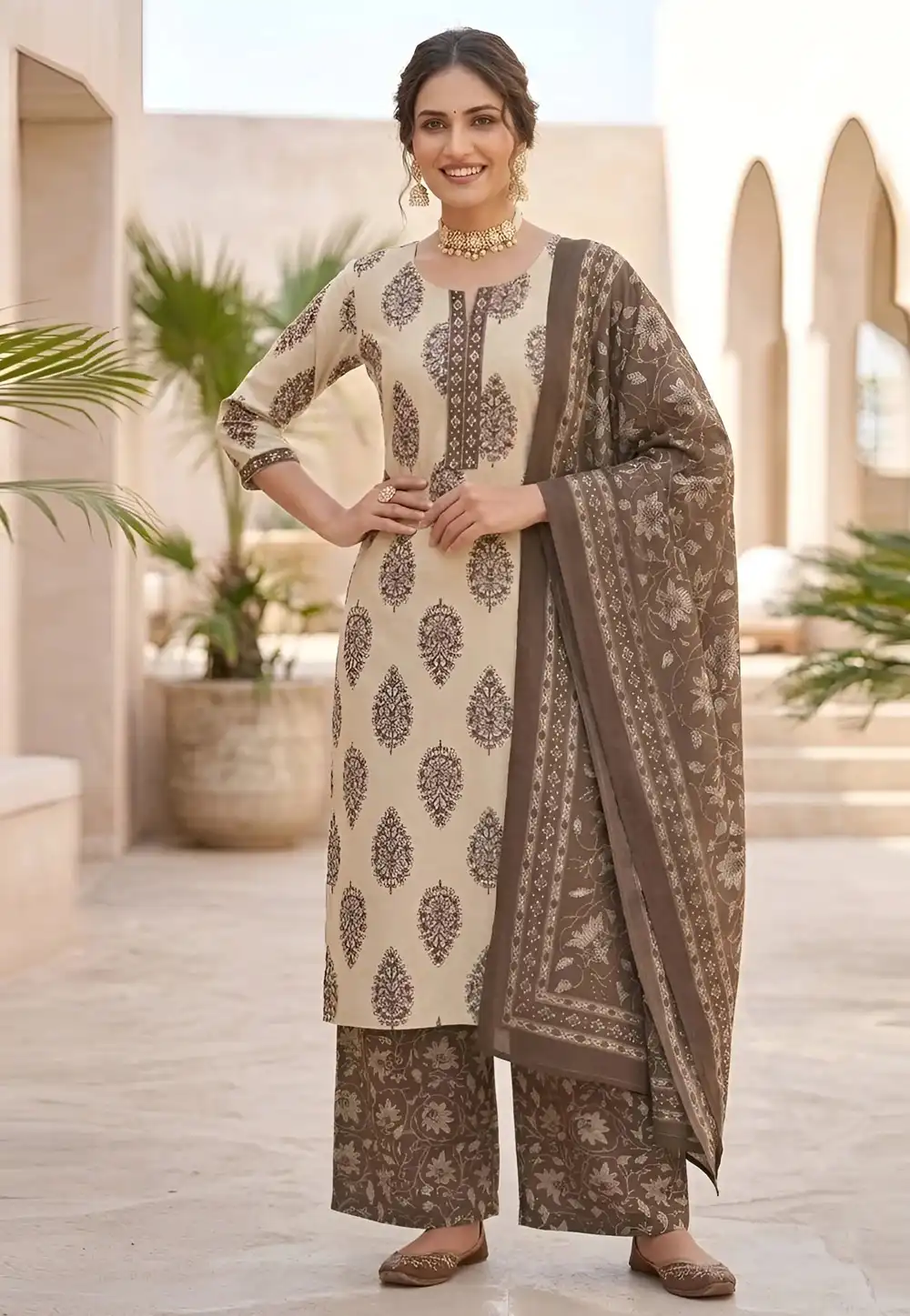 Beige Cotton Readymade Palazzo Suit 326796
