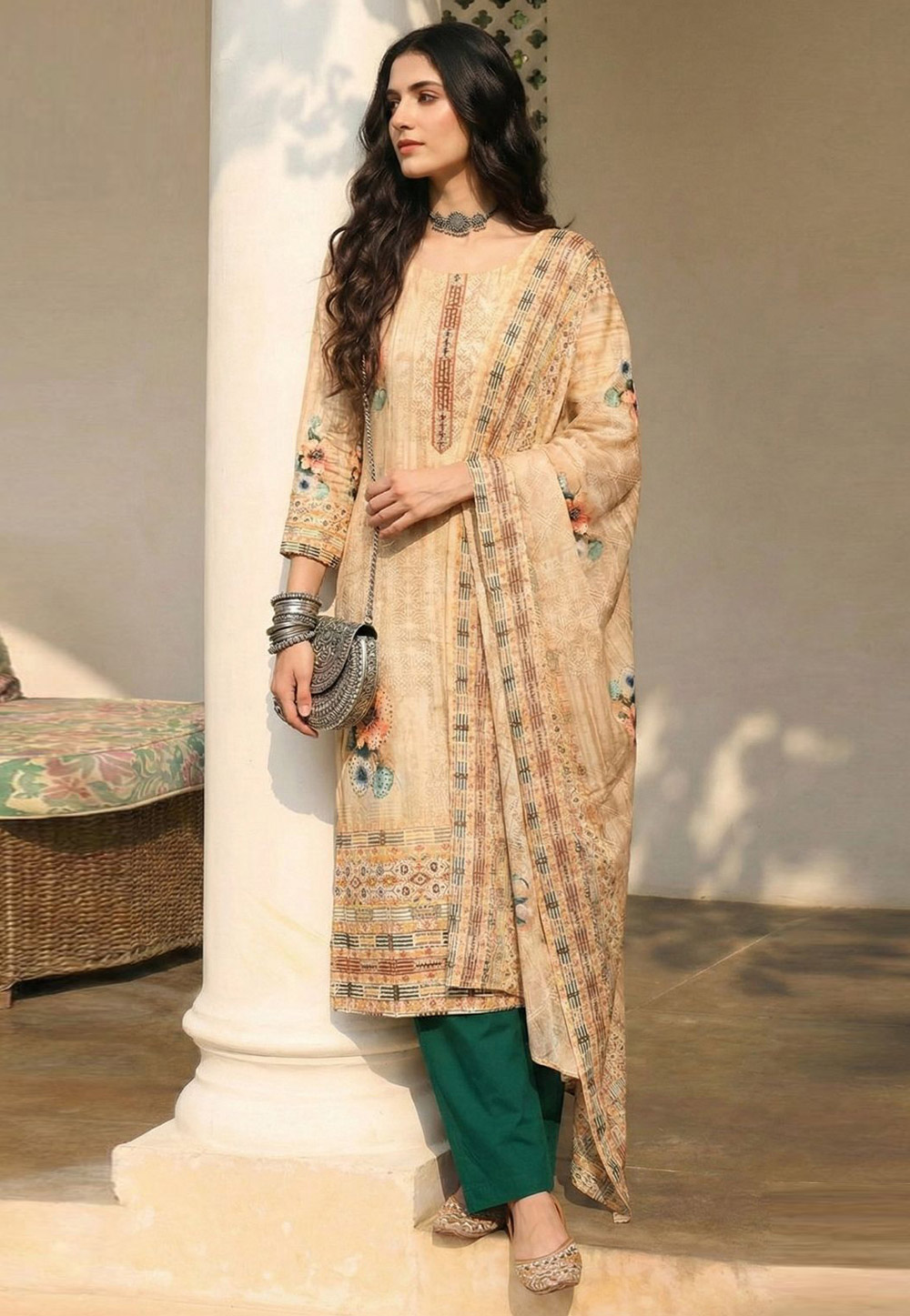Beige Cotton Readymade Pant Style Suit 326405