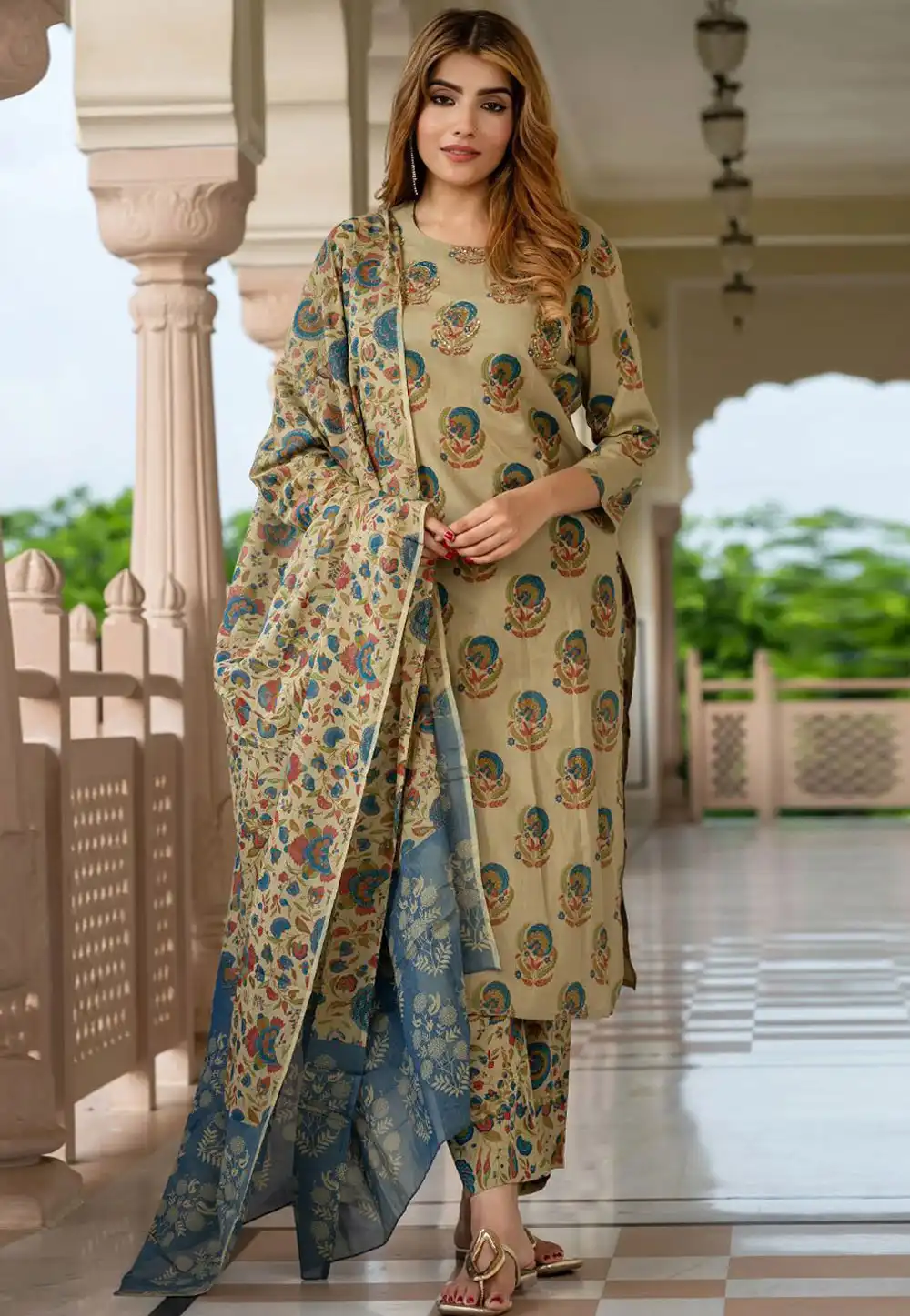 Beige Cotton Readymade Straight Suit 319543