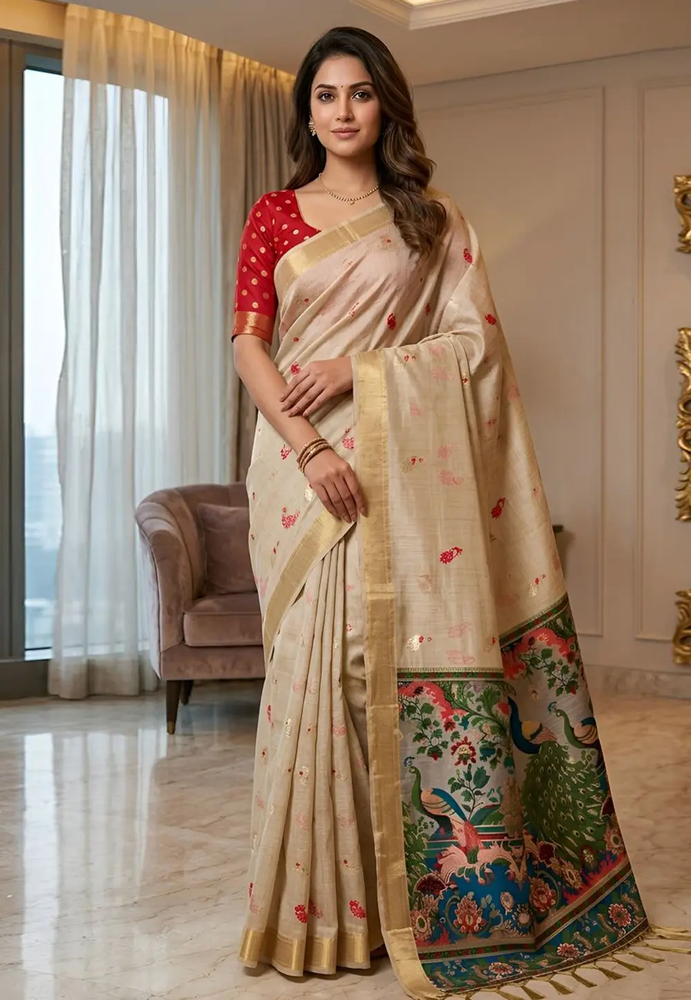 Beige Cotton Saree With Blouse 331852