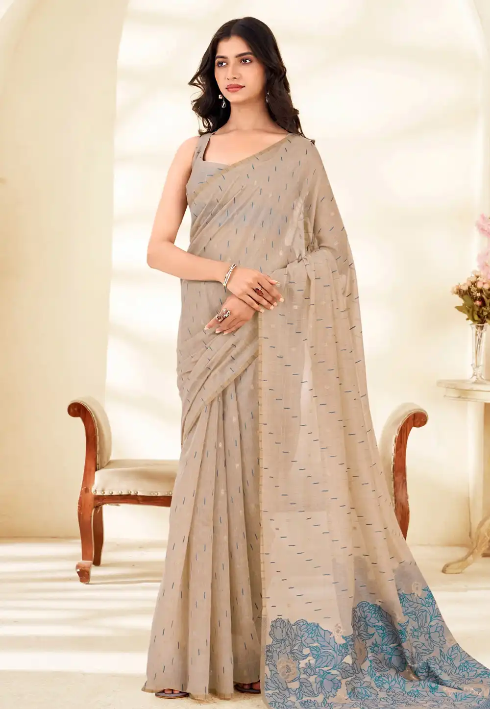 Beige Cotton Saree With Blouse 328465