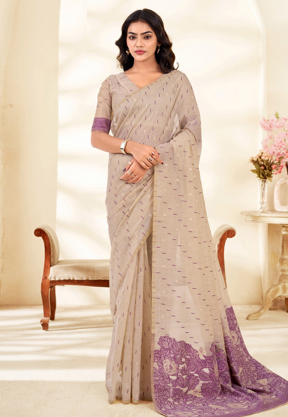 Beige Cotton Saree With Blouse 328466