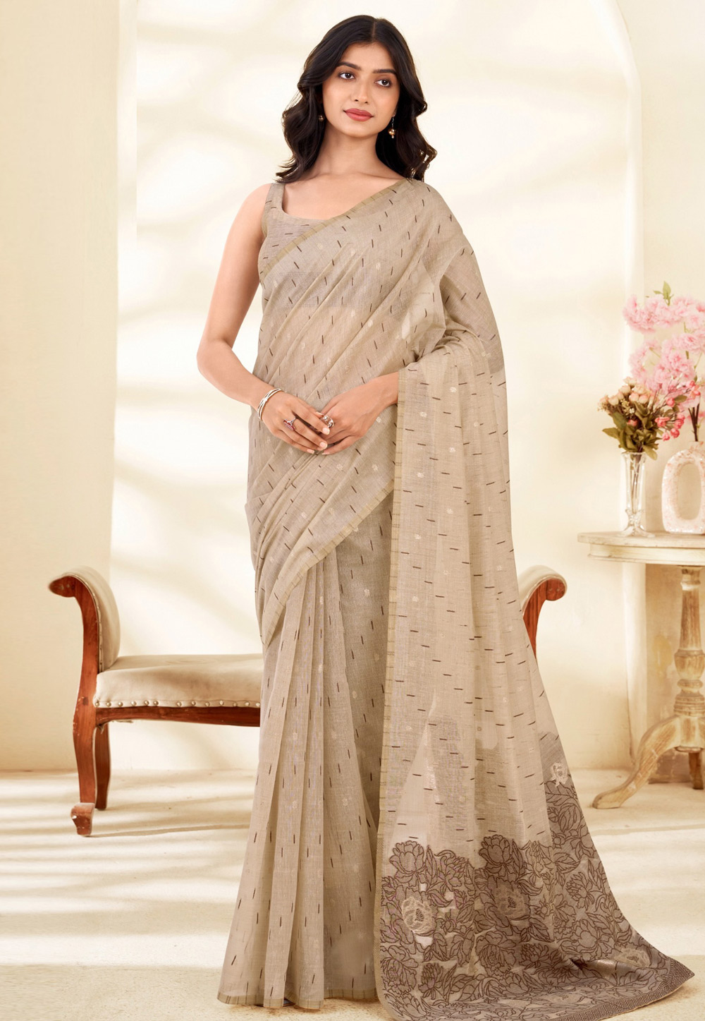 Beige Cotton Saree With Blouse 328467