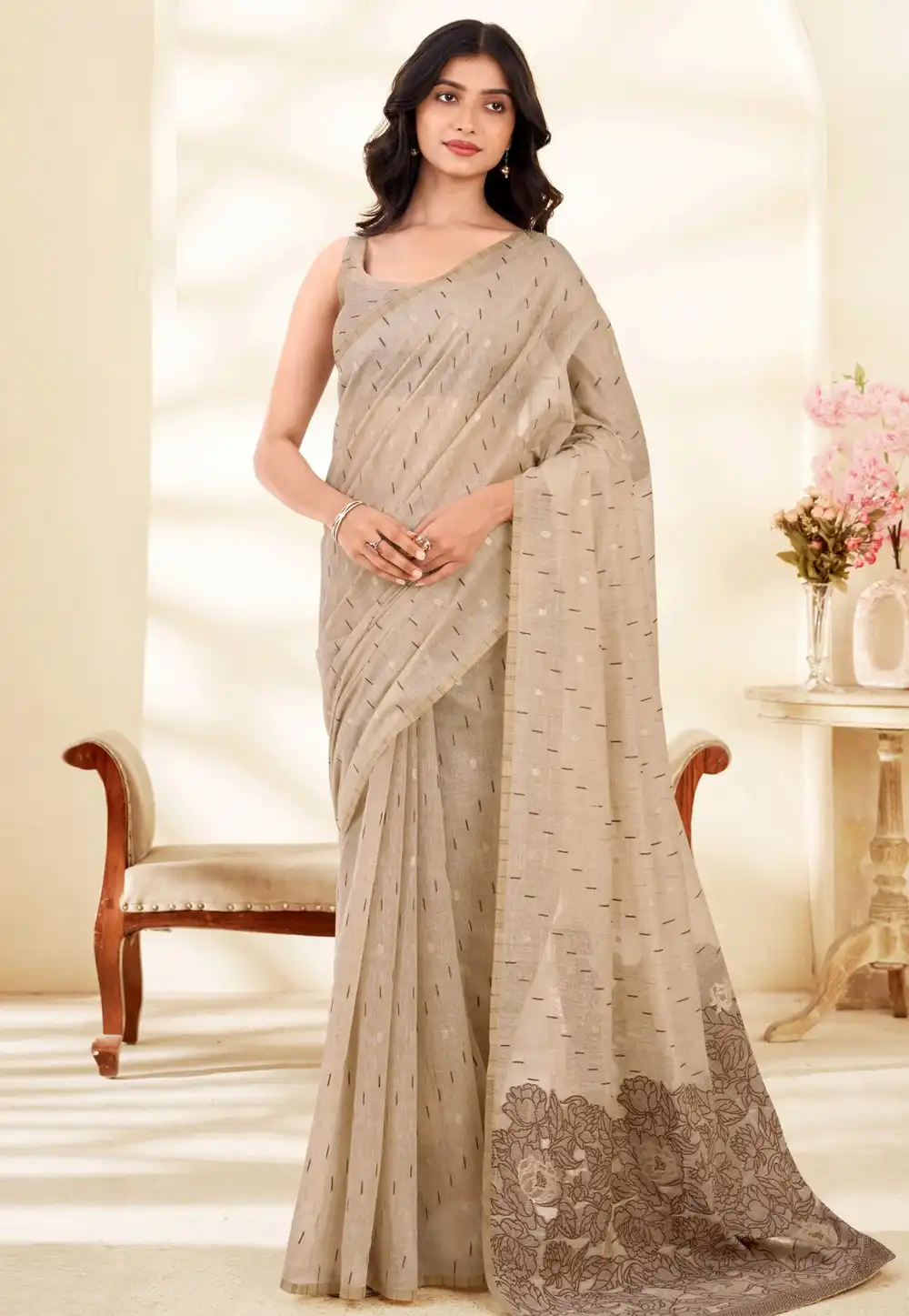 Beige Cotton Saree With Blouse 328467