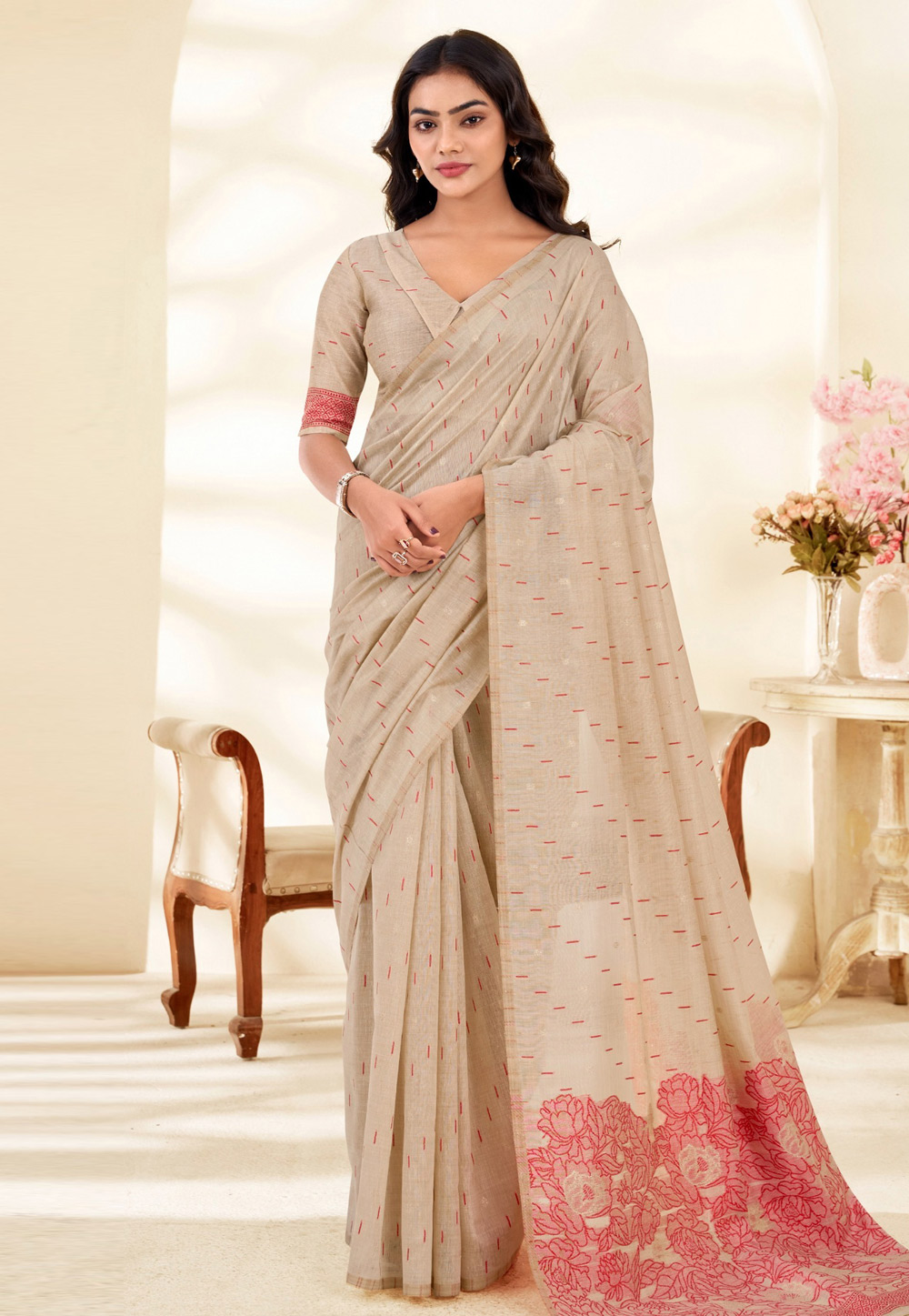 Beige Cotton Saree With Blouse 328468