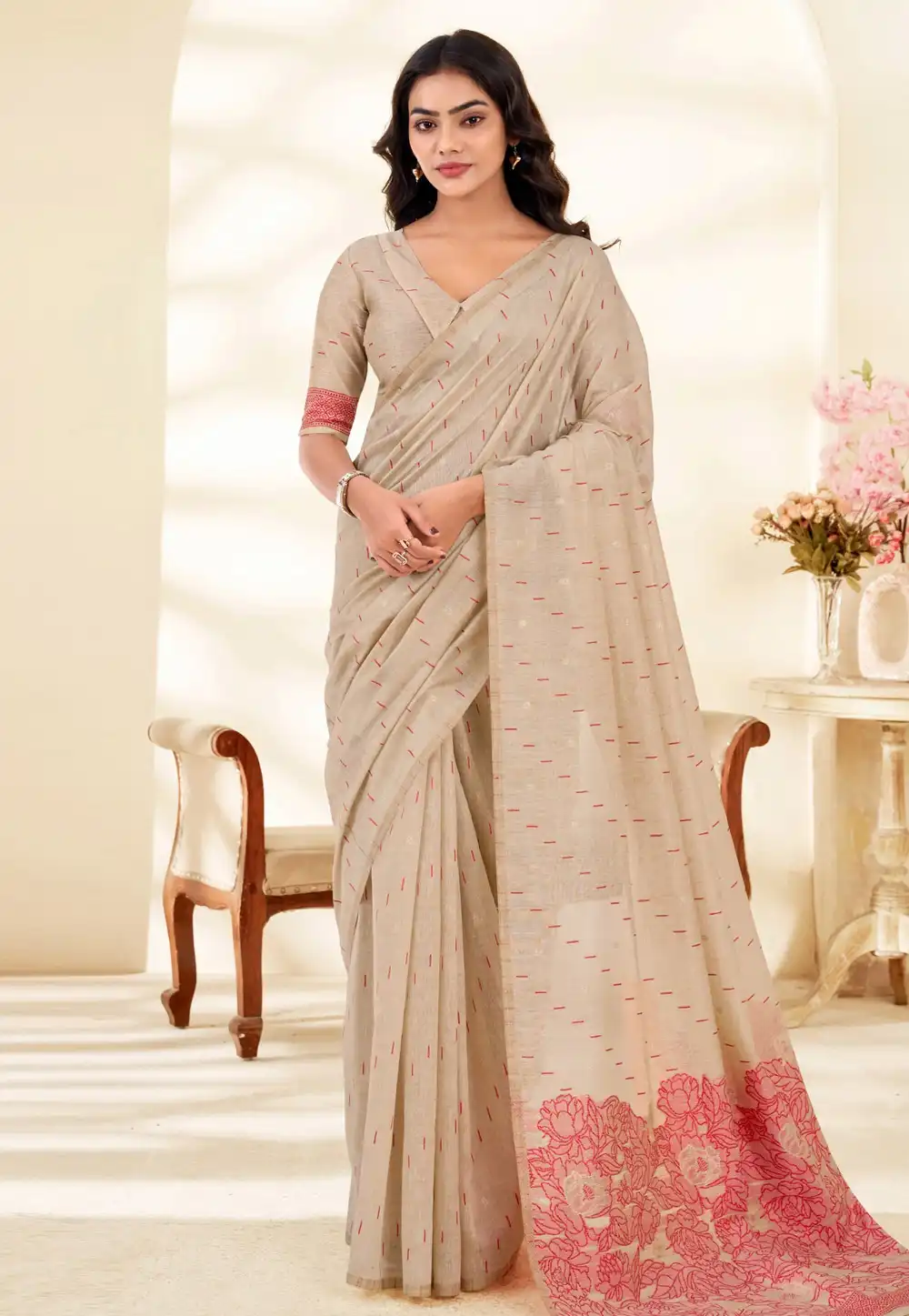 Beige Cotton Saree With Blouse 328468