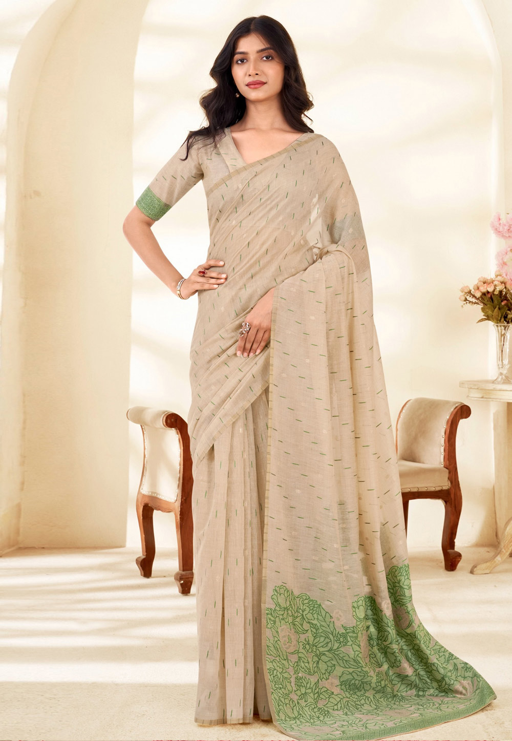 Beige Cotton Saree With Blouse 328469