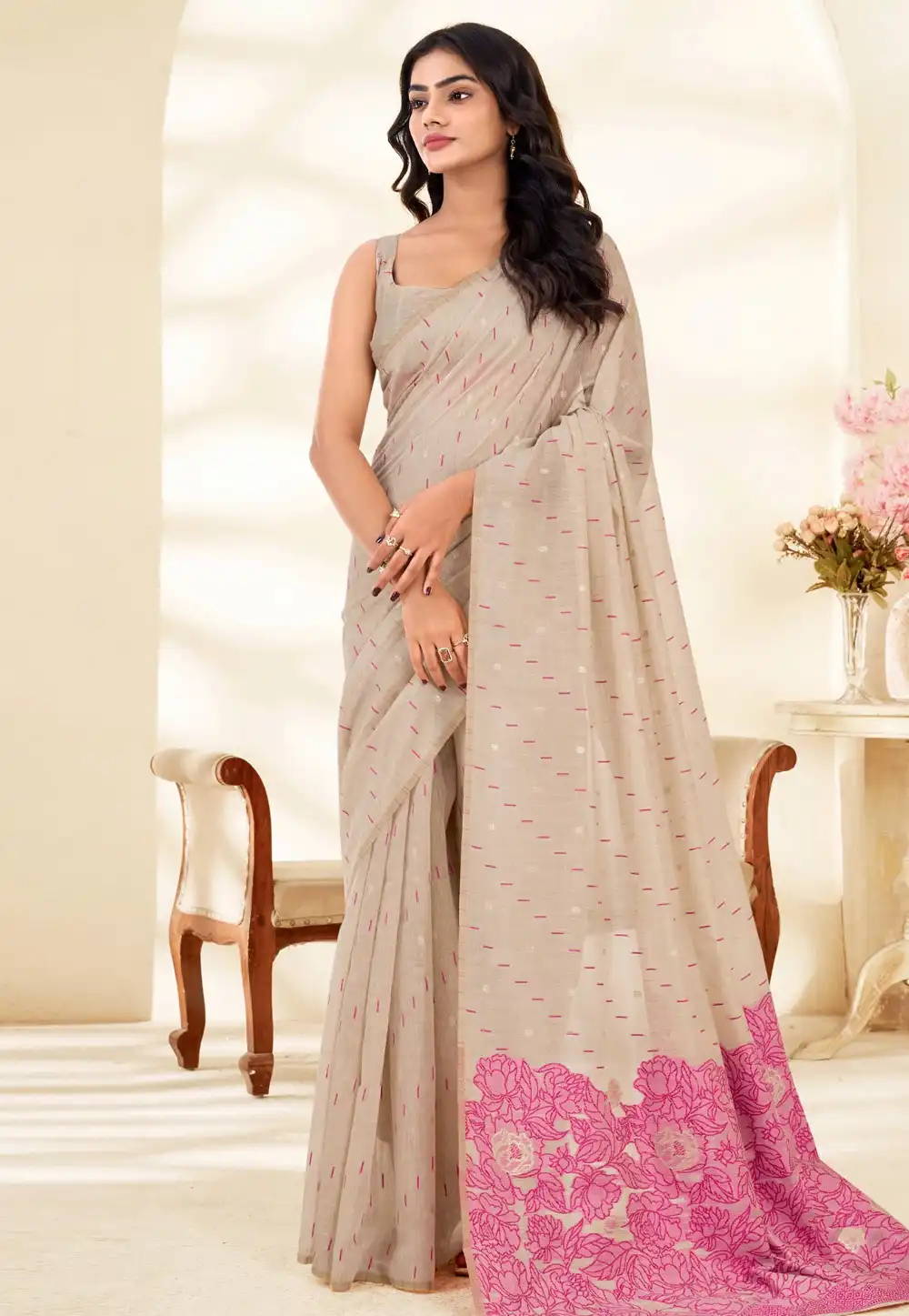 Beige Cotton Saree With Blouse 328470