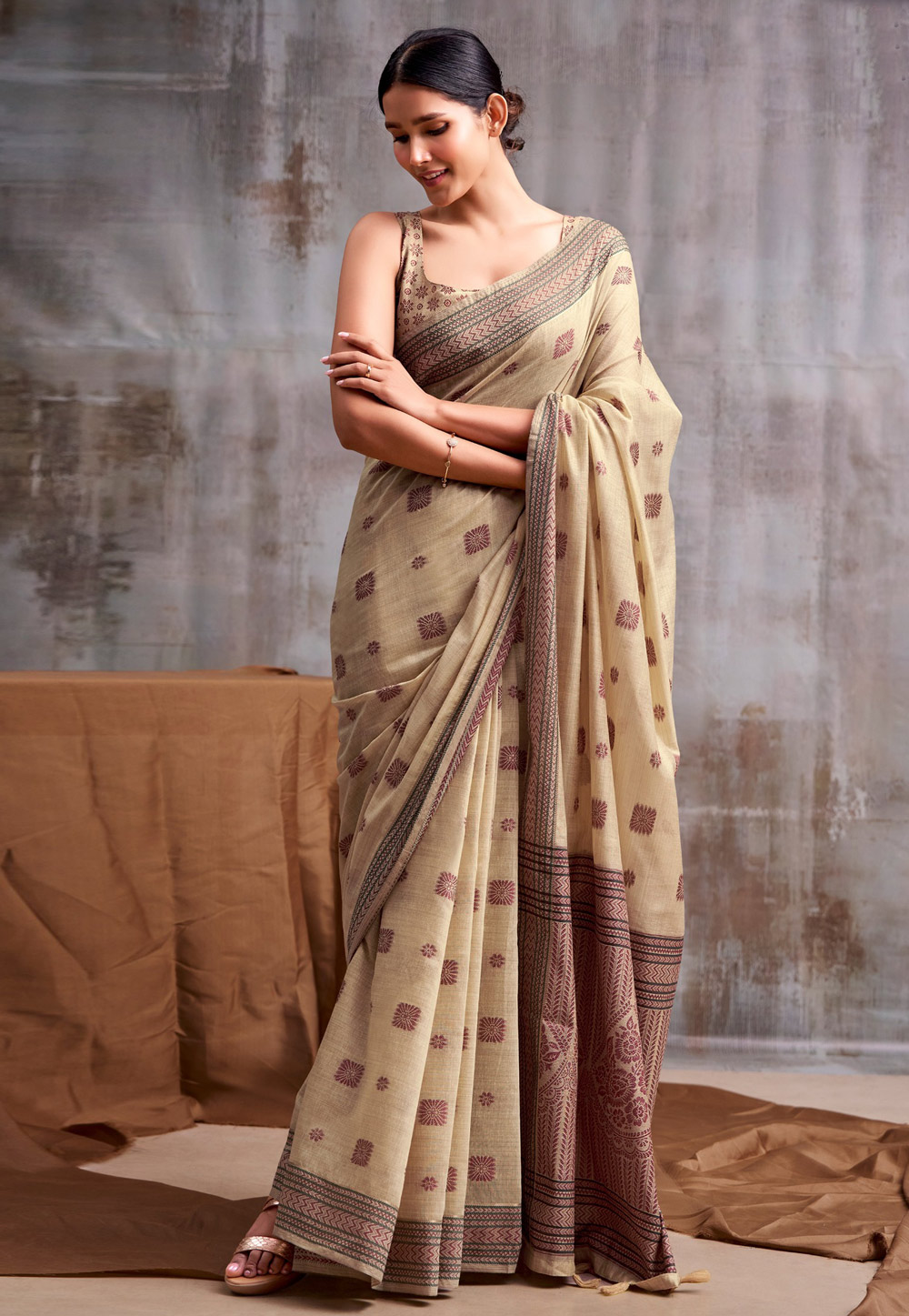 Beige Cotton Saree With Blouse 328461