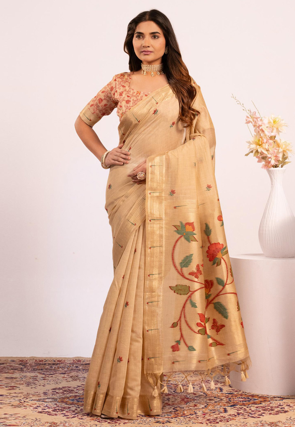 Beige Cotton Saree With Blouse 323202
