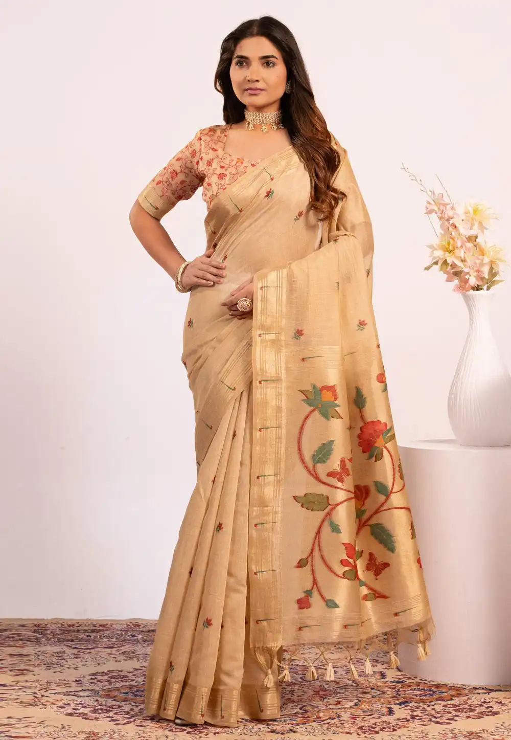 Beige Cotton Saree With Blouse 323202