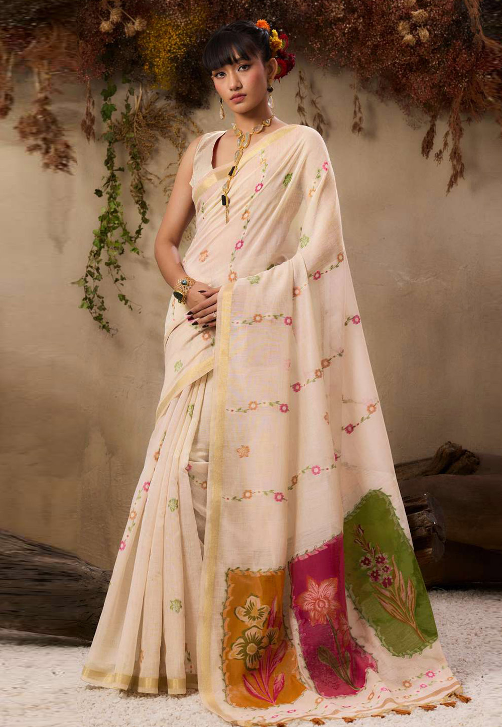 Beige Cotton Saree With Blouse 327168