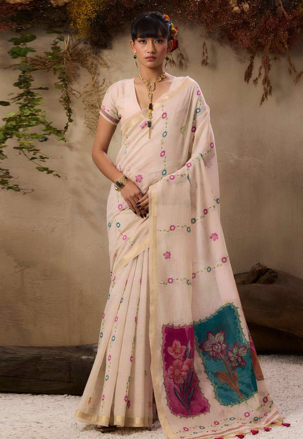 Beige Cotton Saree With Blouse 327169