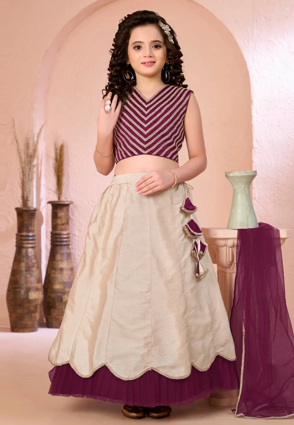 Beige Cotton Silk Kids Lehenga Choli 334336