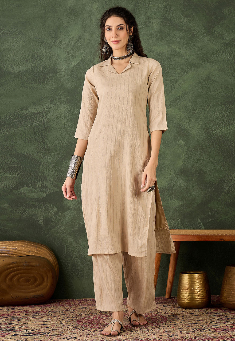 Beige Cotton Silk Kurta Set With Palazzo 325218