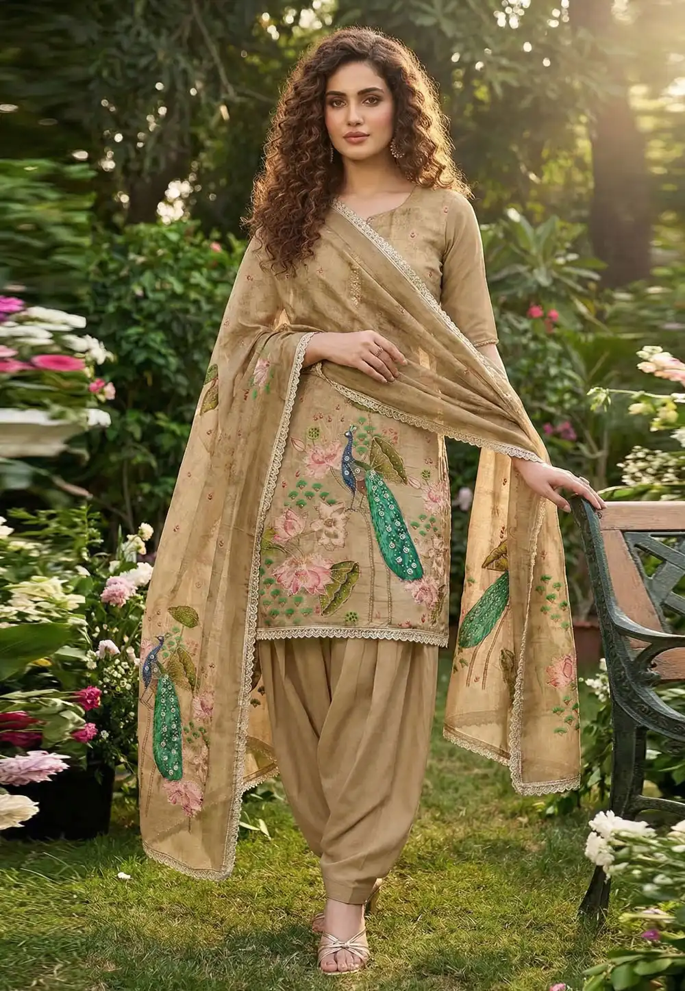 Beige Cotton Silk Patiala Suit 326427