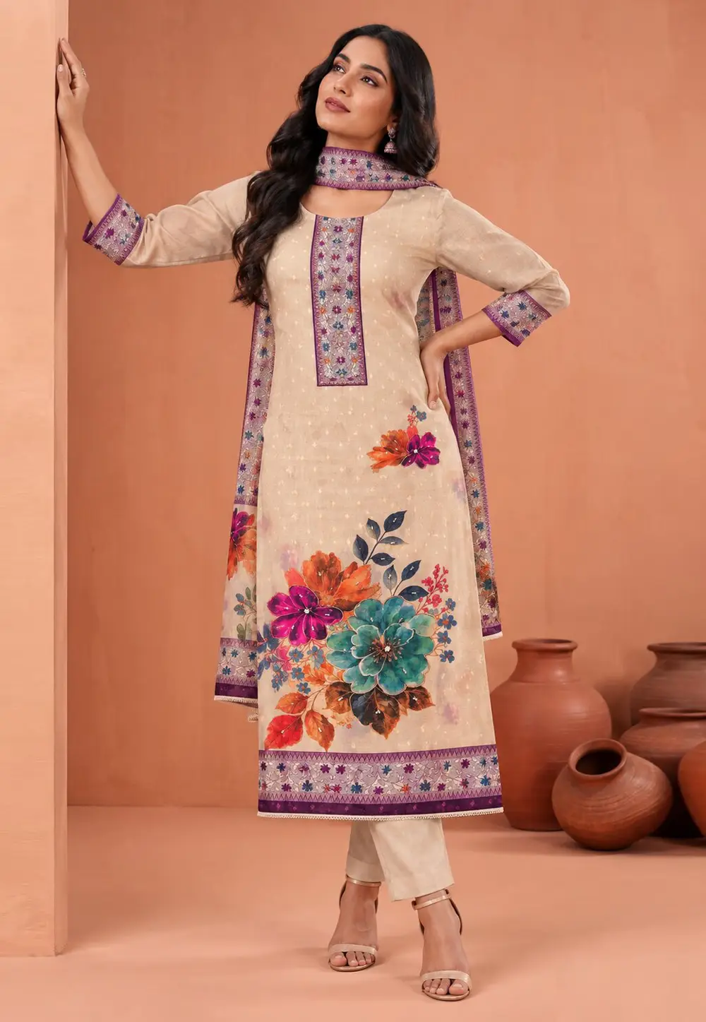 Beige Cotton Straight Suit 337019