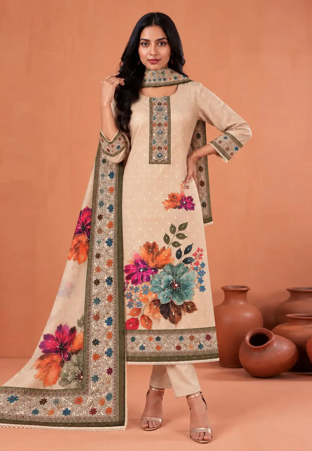 Beige Cotton Straight Suit 337021