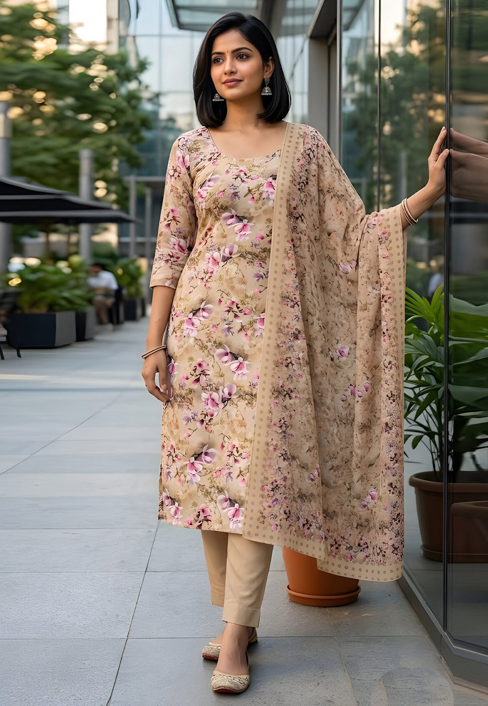 Beige Crepe Pant Style Suit 328361