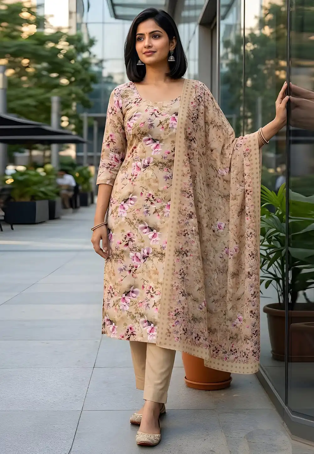 Beige Crepe Pant Style Suit 328361