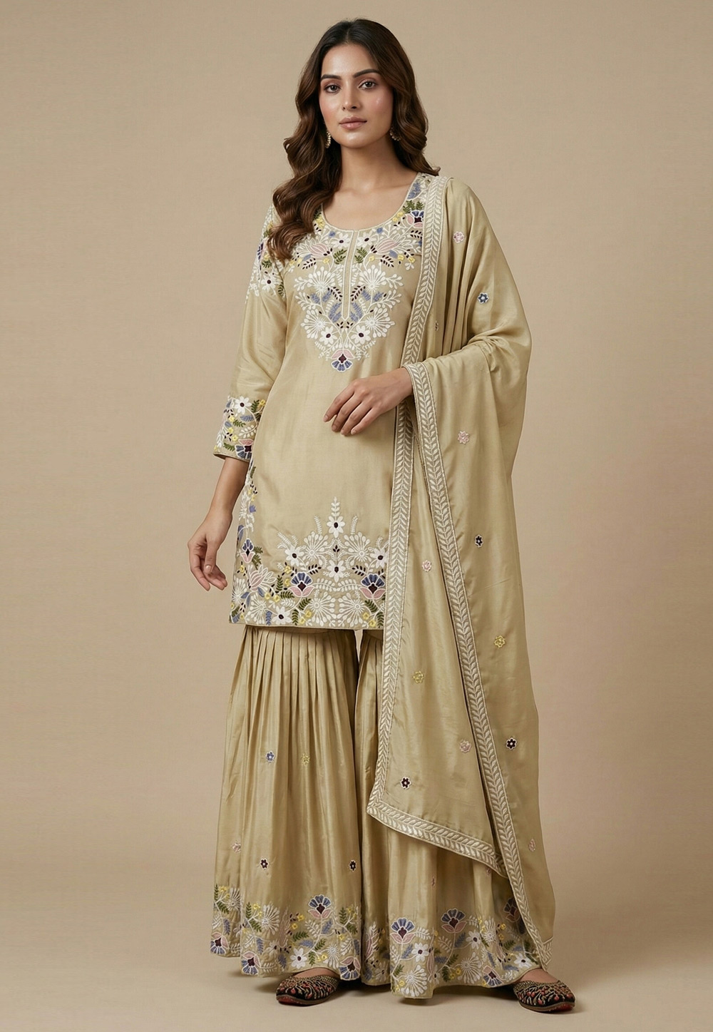 Beige Crepe Readymade Sharara Suit 323295