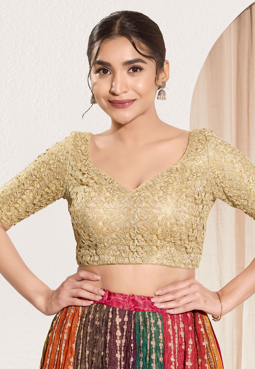 Beige Crochet Readymade Blouse 327194