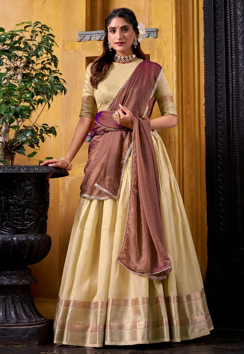 Beige Dupion Silk Circular Lehenga Choli 319569