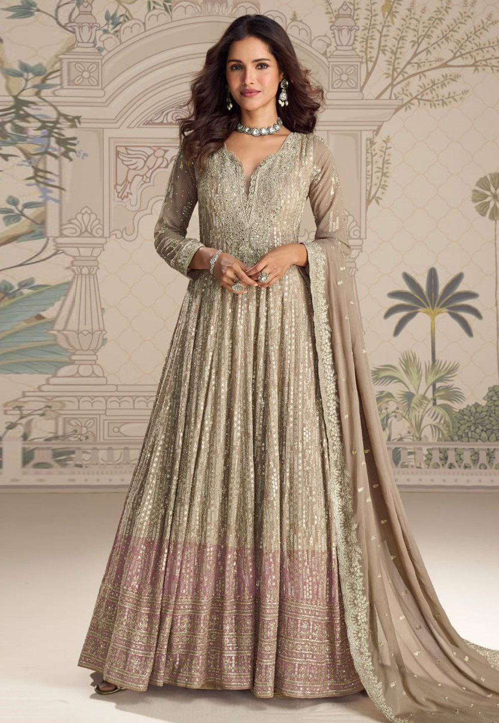 Beige Georgette Embroidered Anarkali Suit 322607