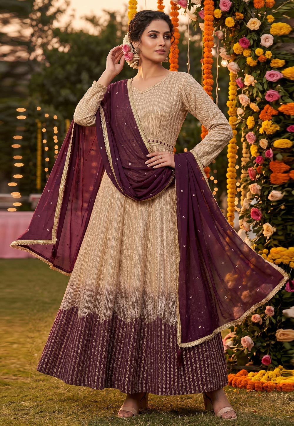 Beige Georgette Embroidered Long Anarkali Suit 328389