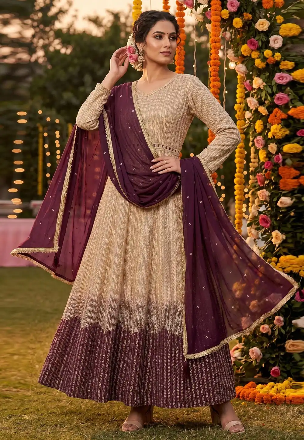 Beige Georgette Embroidered Long Anarkali Suit 328389