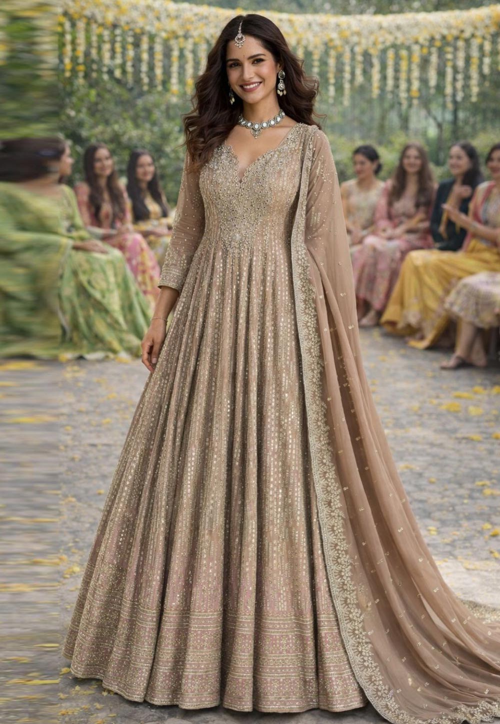 Beige Georgette Embroidered Long Anarkali Suit 323976