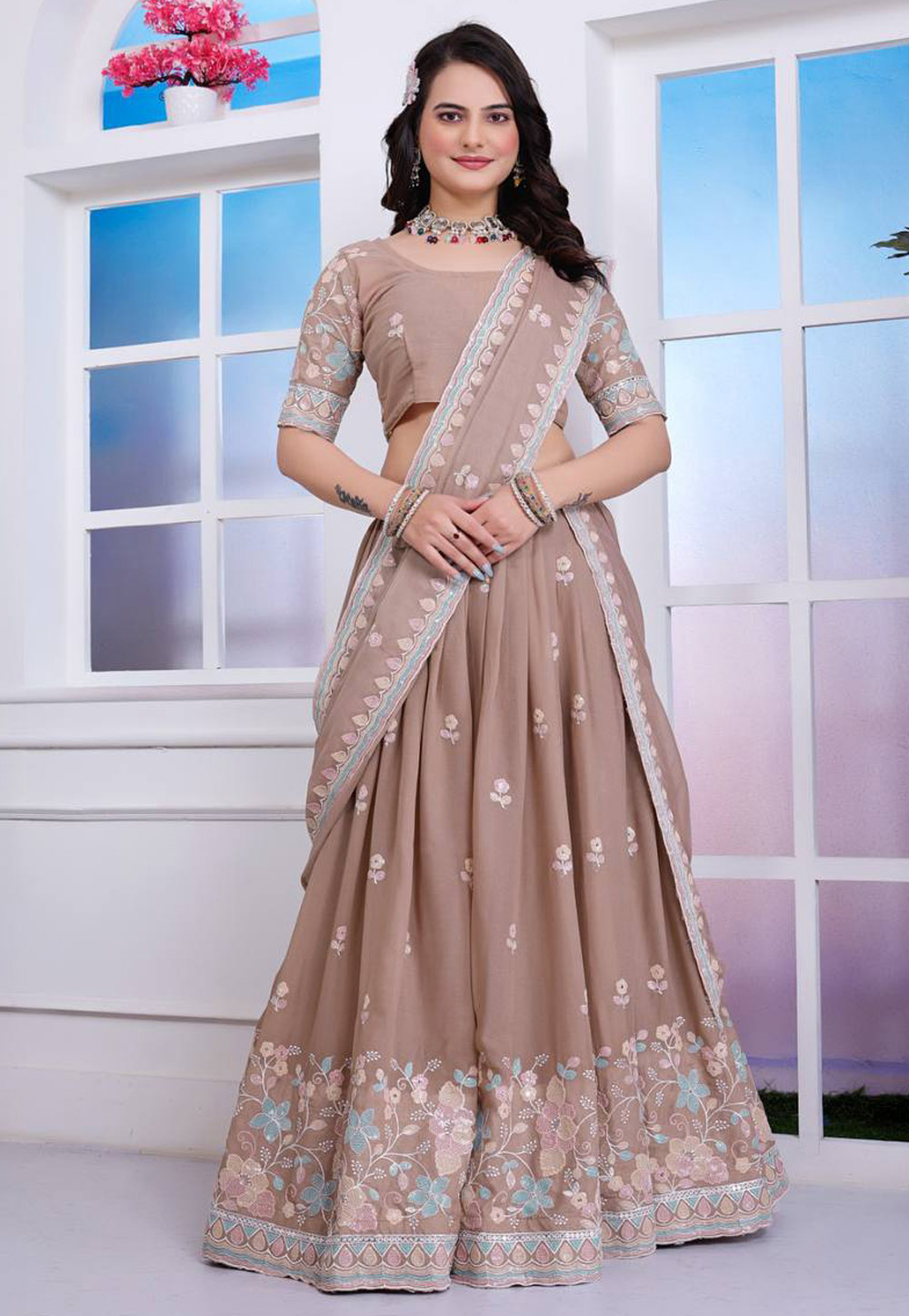 Beige Georgette Lehenga Choli 306301