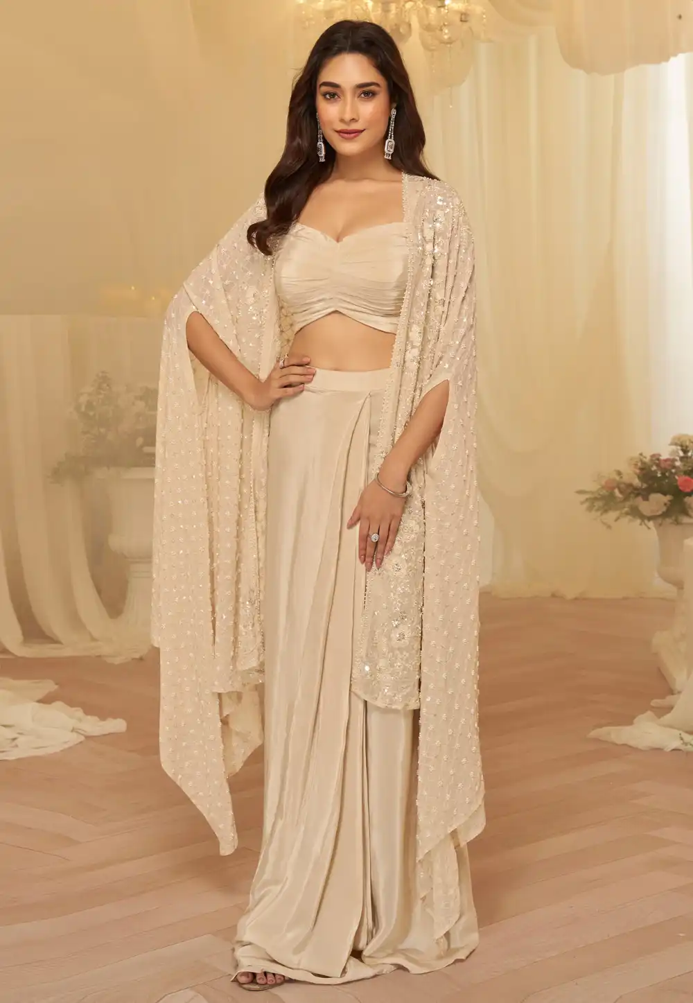 Beige Georgette Palazzo With Crop Top 326266