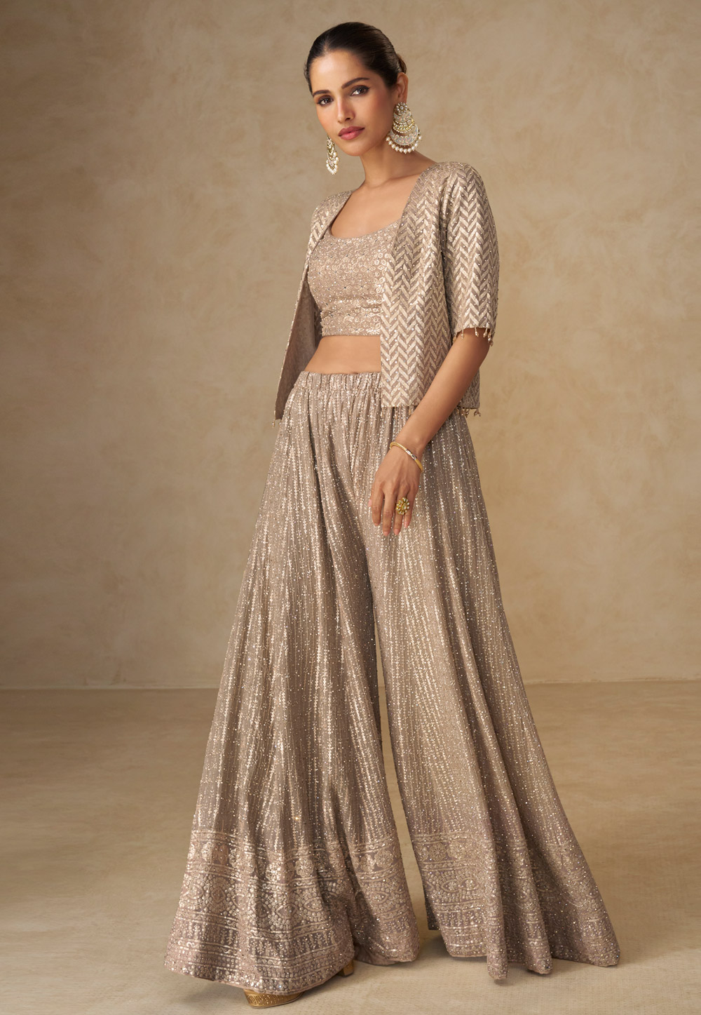 Beige Georgette Palazzo With Crop Top 319913