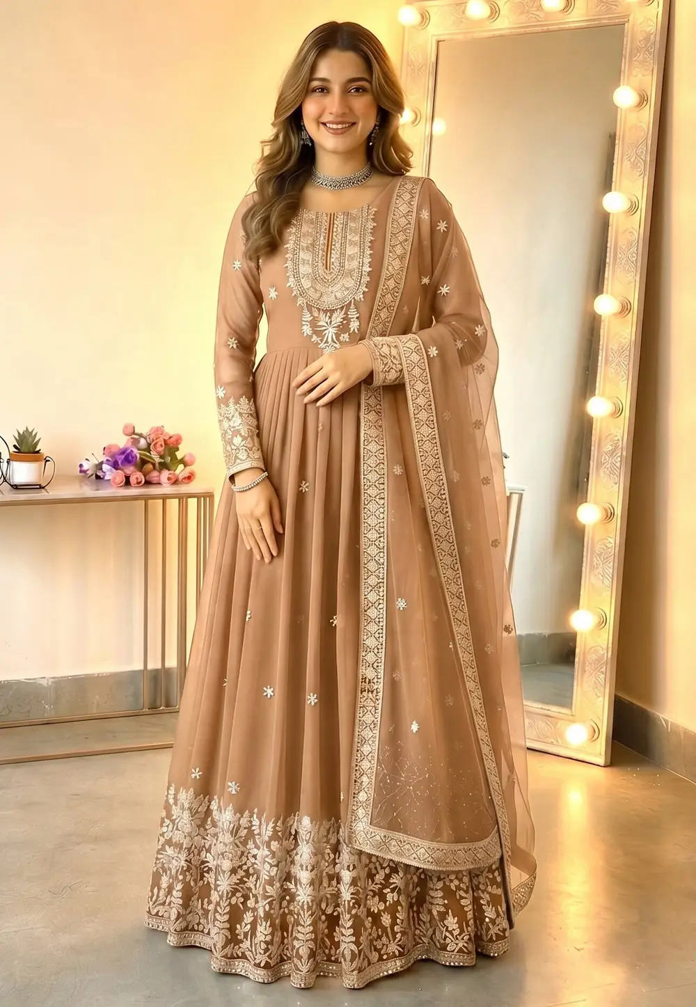 Beige Georgette Readymade Anarkali Suit 333971