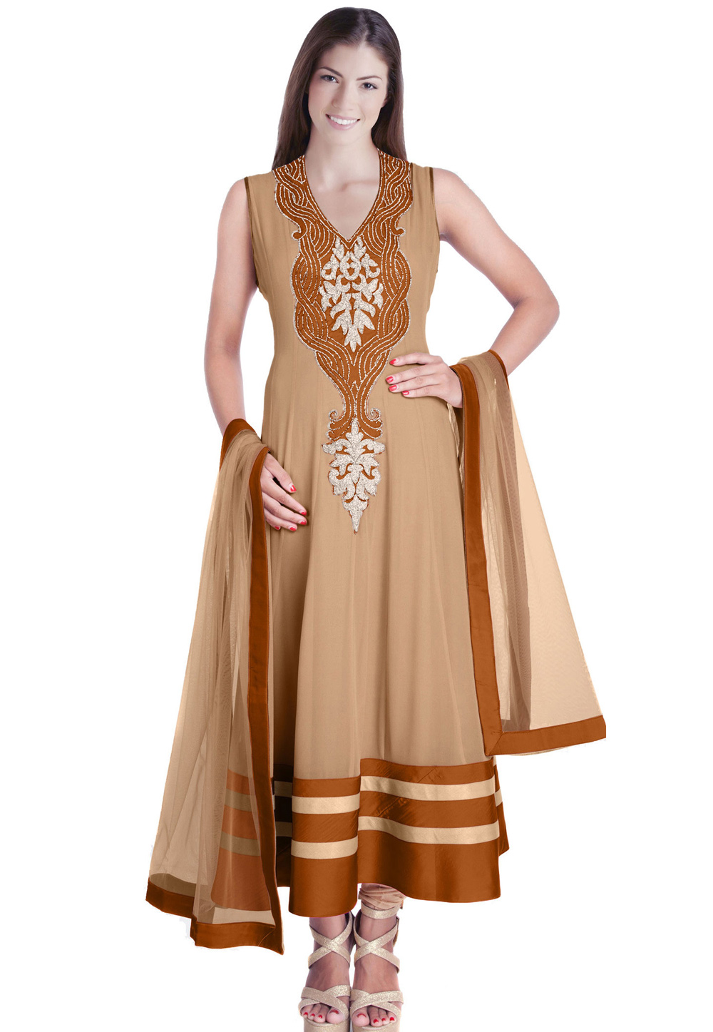 Beige Georgette Readymade Churidar Suit 321747