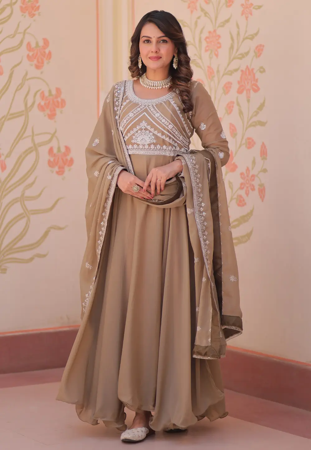 Beige Georgette Readymade Long Anarkali Suit 334249