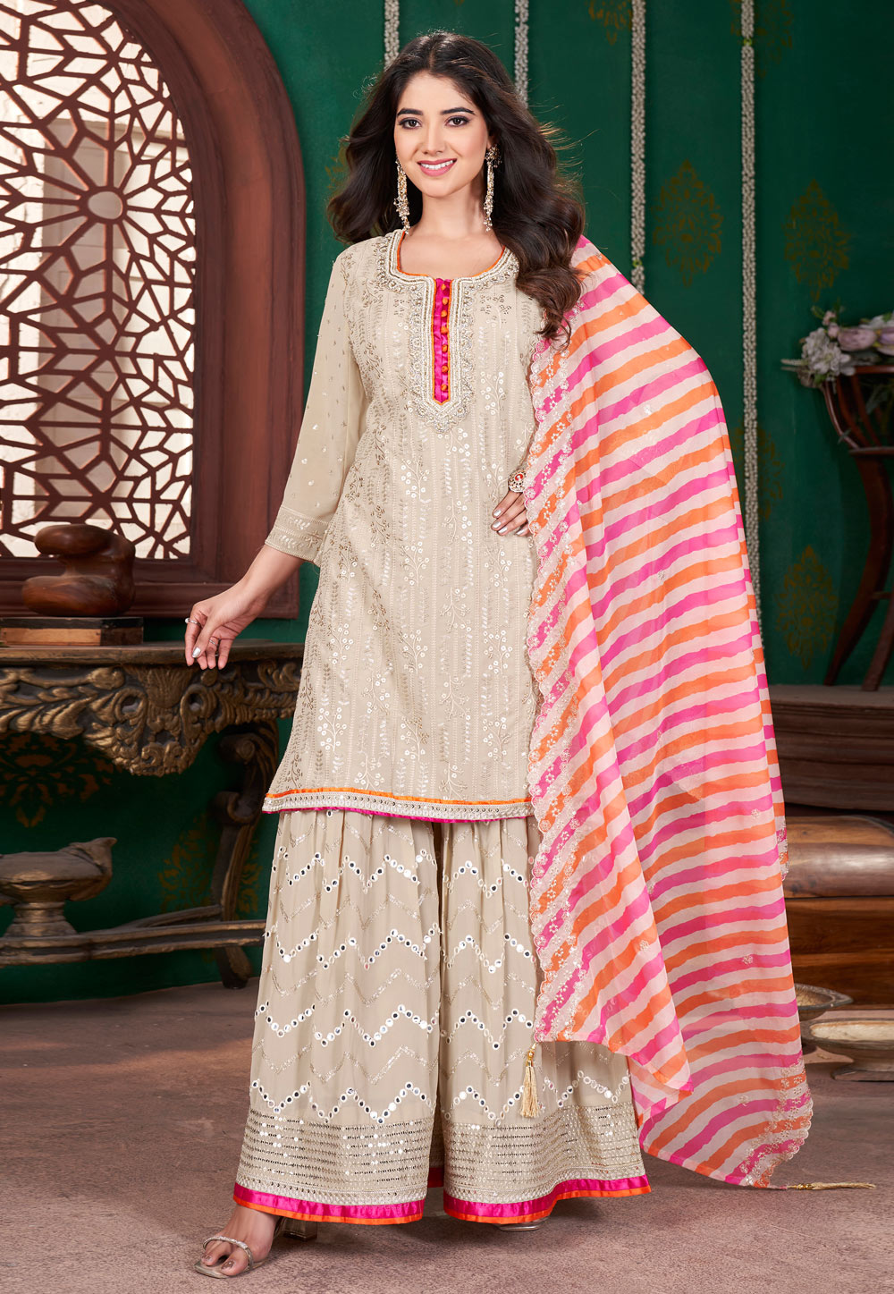 Beige Georgette Readymade Sharara Suit 307450