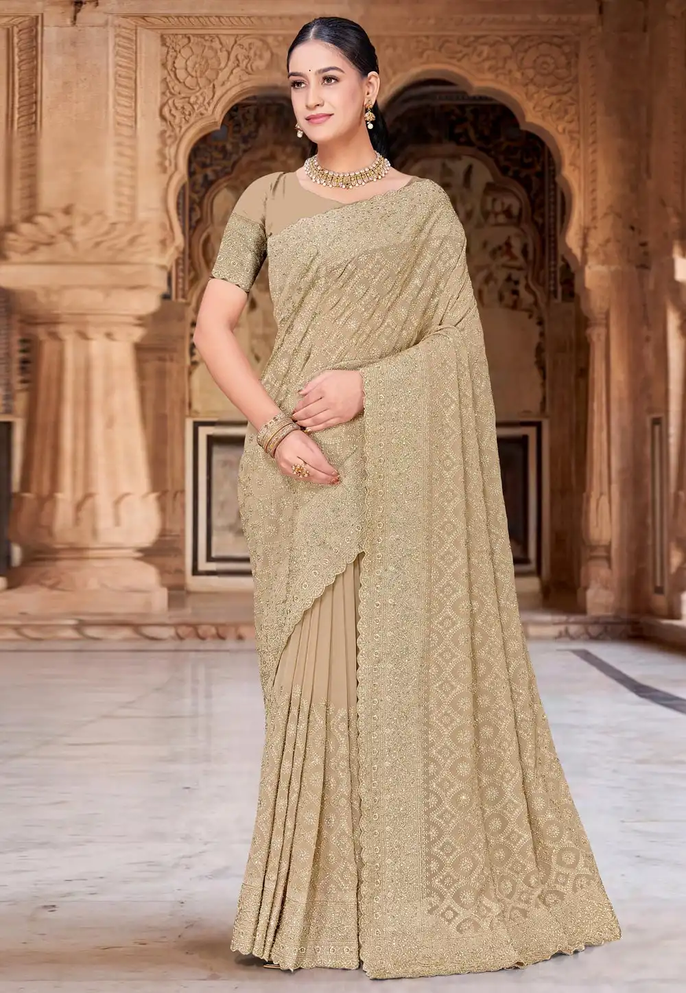 Beige Georgette Saree With Blouse 330017