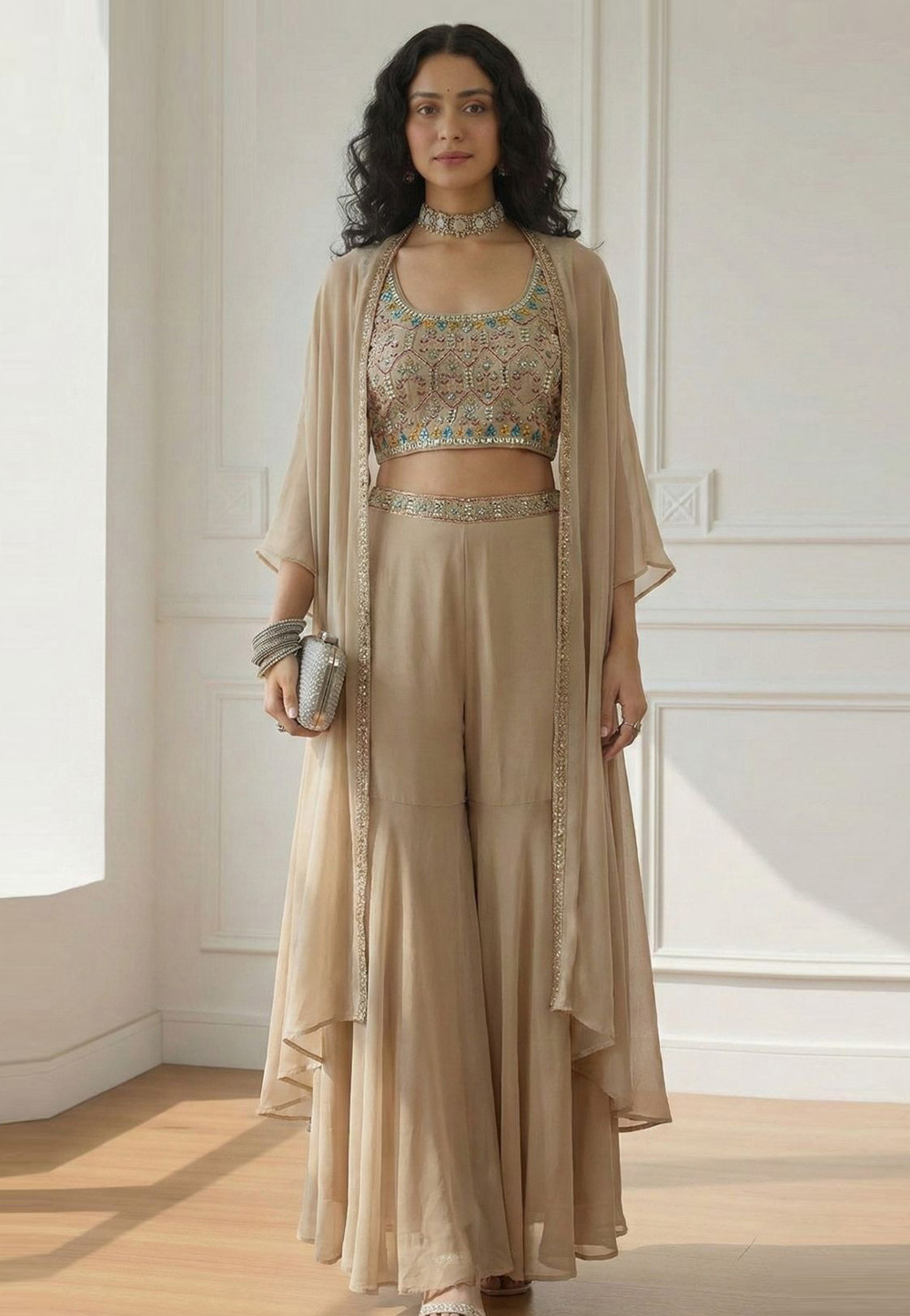 Beige Georgette Sharara With Crop Top 323916