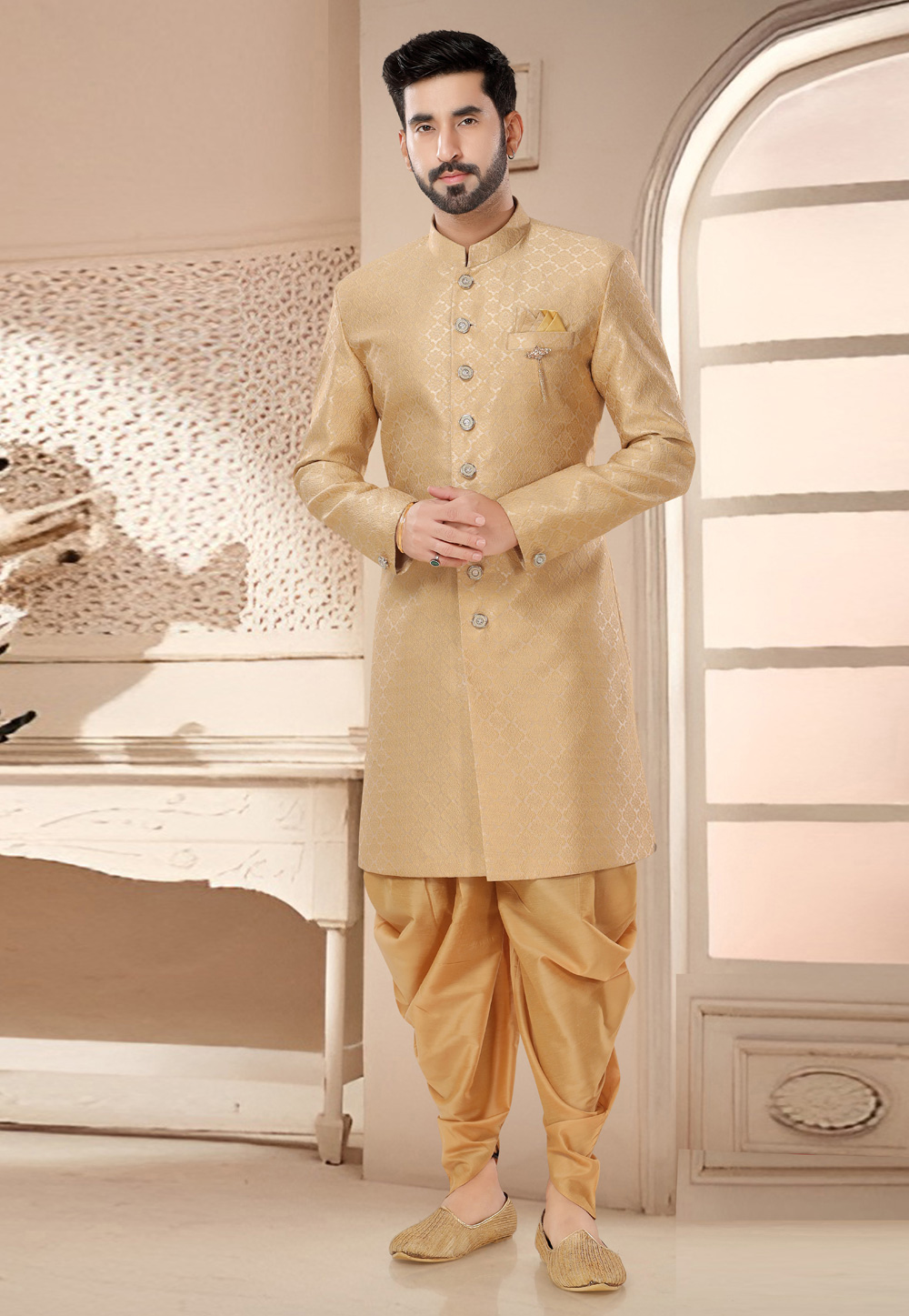 Beige Jacquard Dhoti Sherwani 285743