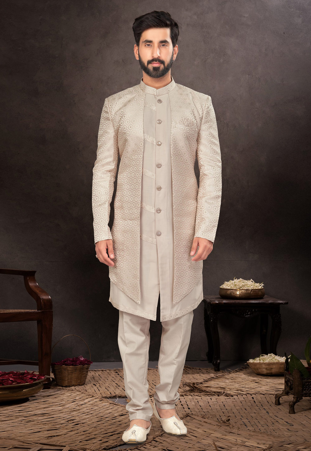 Beige Jacquard Indo Western Suit 283982