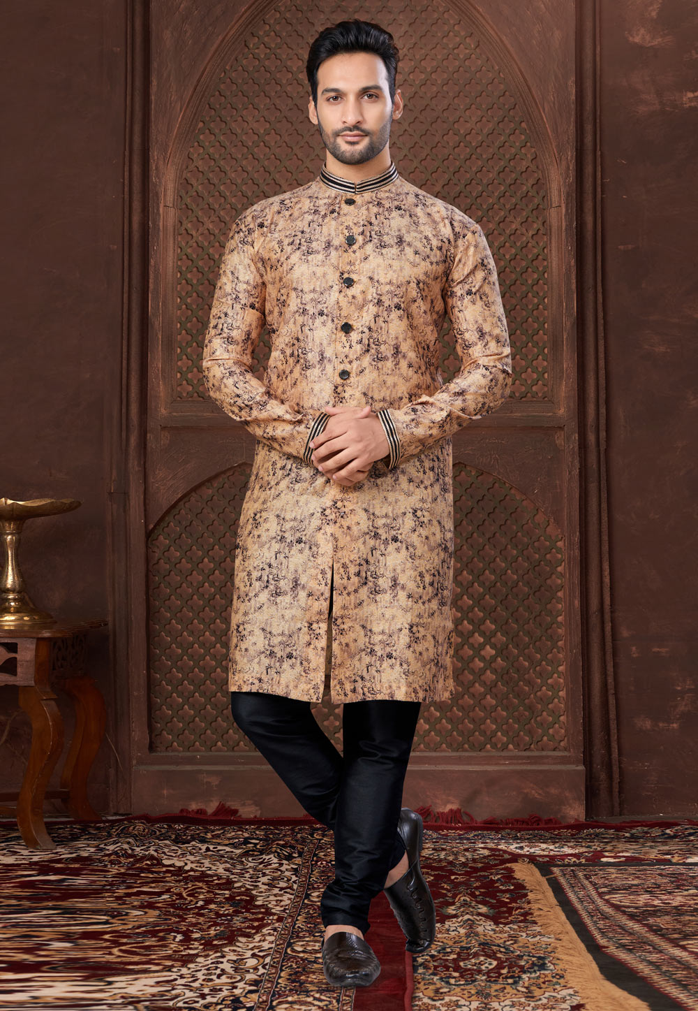 Beige Jacquard Indo Western Suit 307660