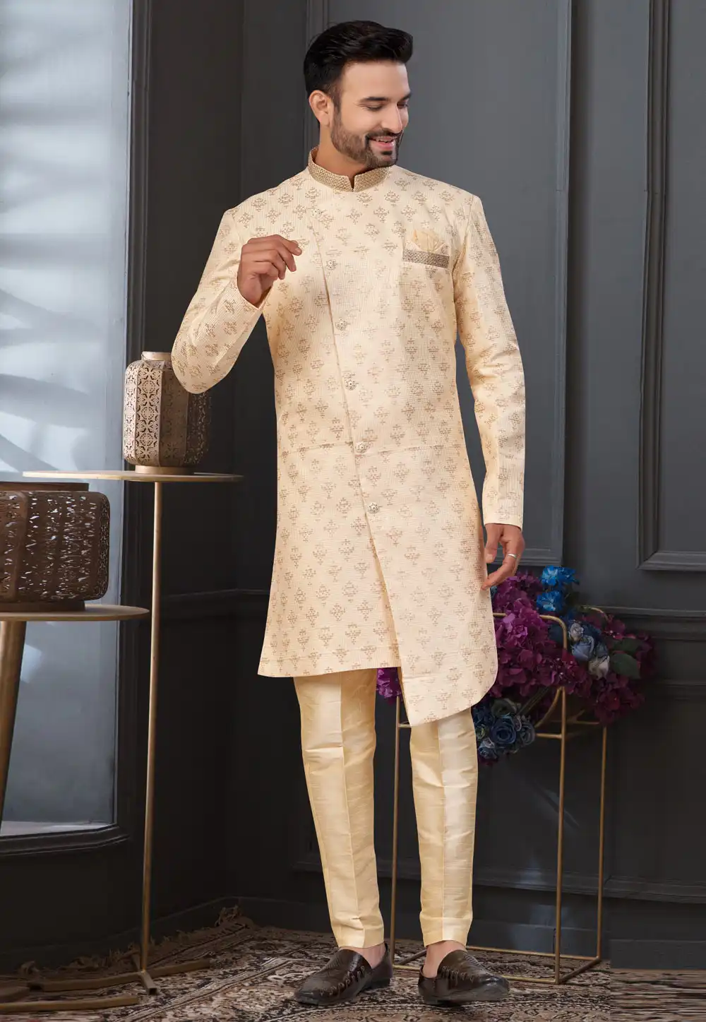 Beige Jacquard Indo Western Suit 317874
