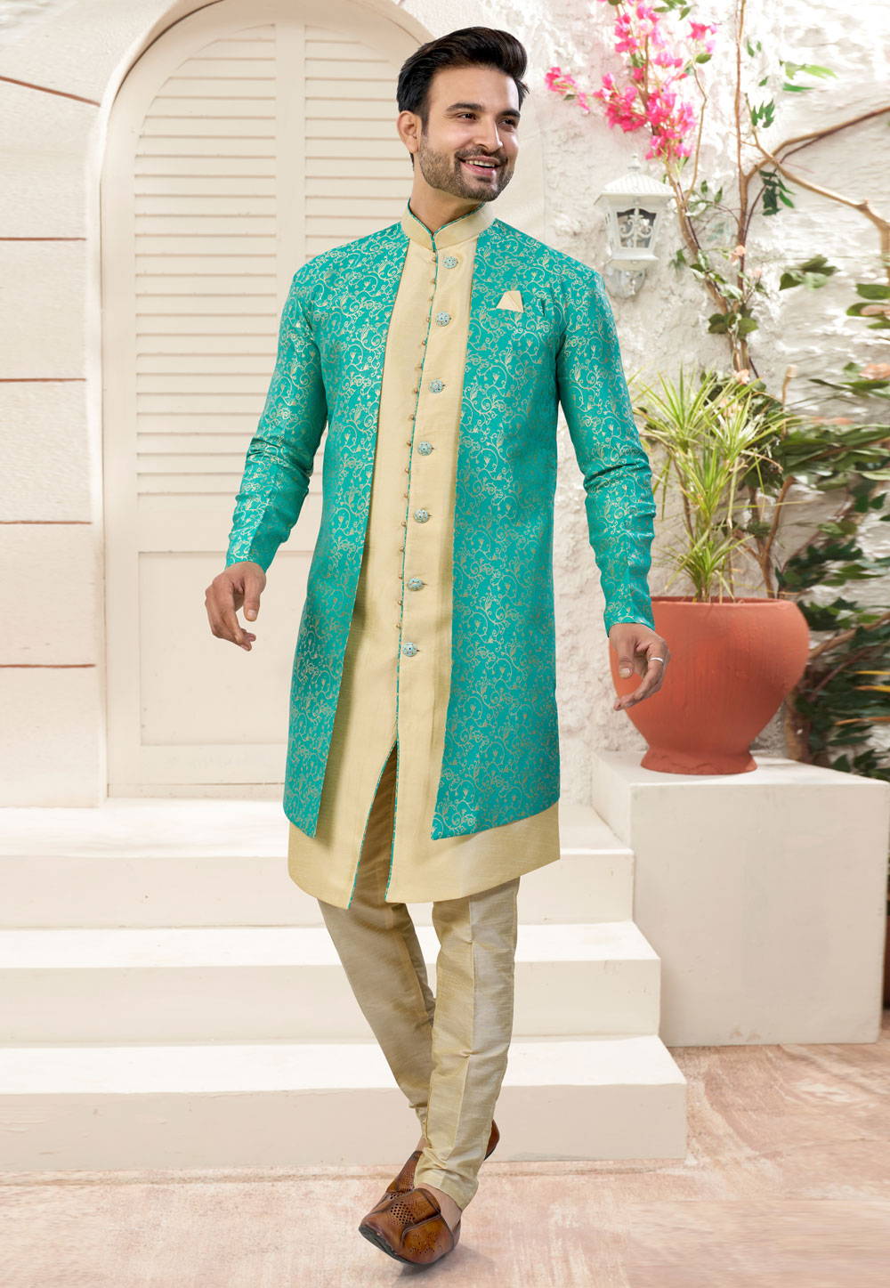 Beige Jacquard Indo Western Suit 324631