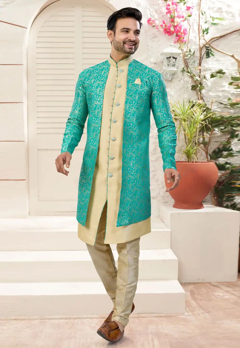 Beige Jacquard Indo Western Suit 324631