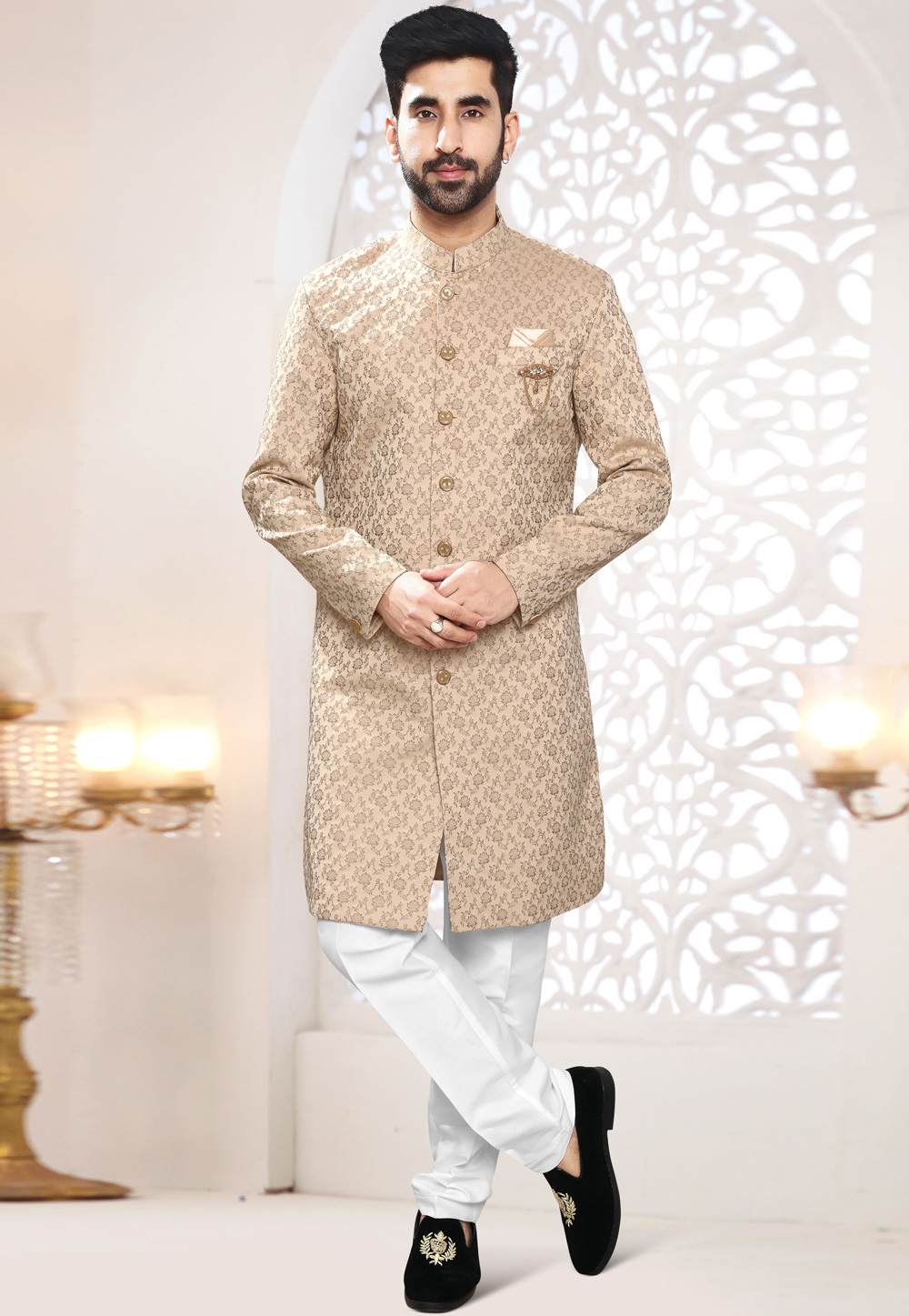Beige Jacquard Indo Western Suit 306420