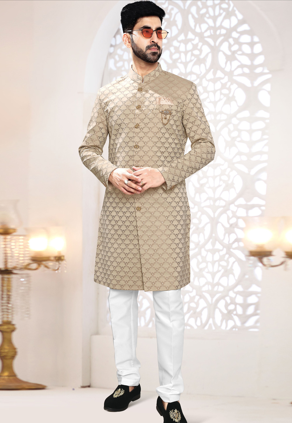 Beige Jacquard Indo Western Suit 306421